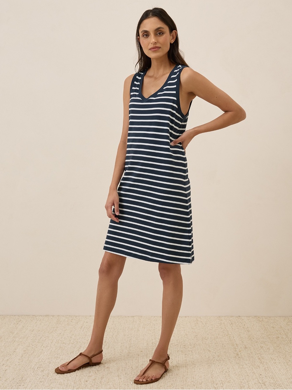 Pact Striped Navy and White V-Neck 100% organic cotton mini Dress
